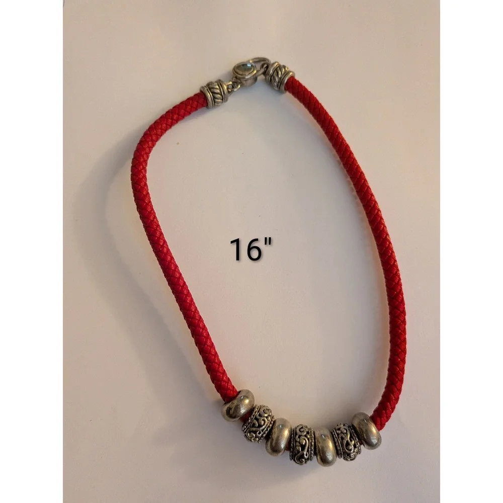 Red Braided Leather Cord Necklace Silver Tone Filigree Slide Charms 16 Inch